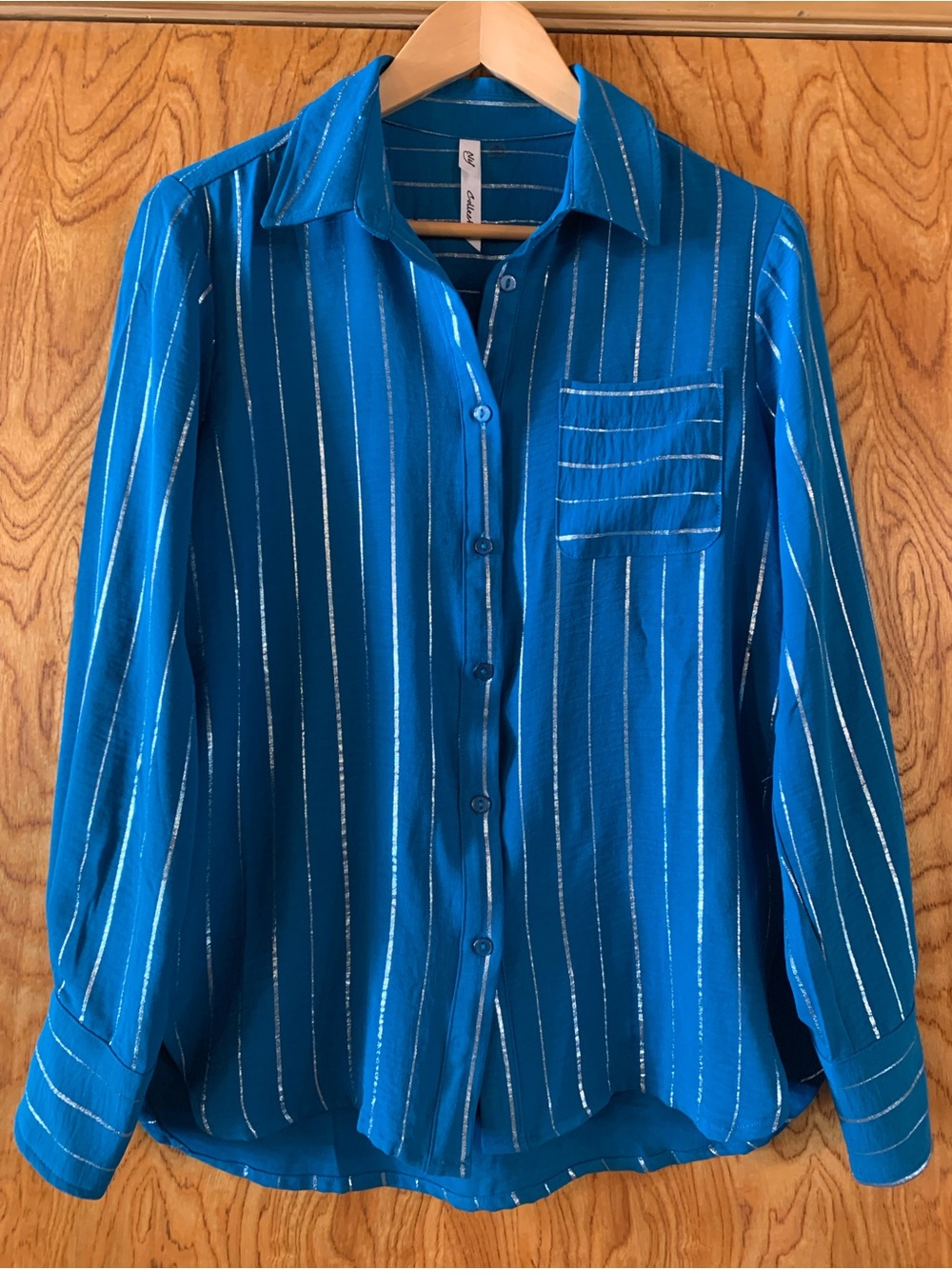 Teal Blue Button-Down Shirt with Metallic Stripes